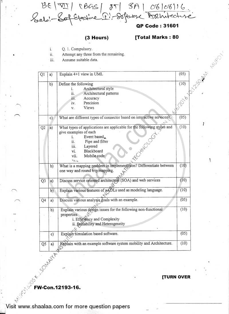 Software Architecture 2015-2016 - B.E. - Semester 7 (BE Fourth Year) - University of Mumbai question paper with PDF download