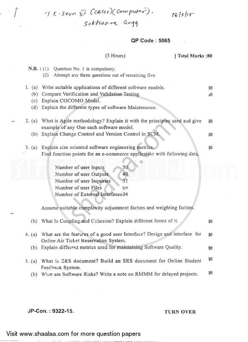 Software Engineering 2014-2015 - B.E. - Semester 6 (TE Third Year) - University of Mumbai question paper with PDF download