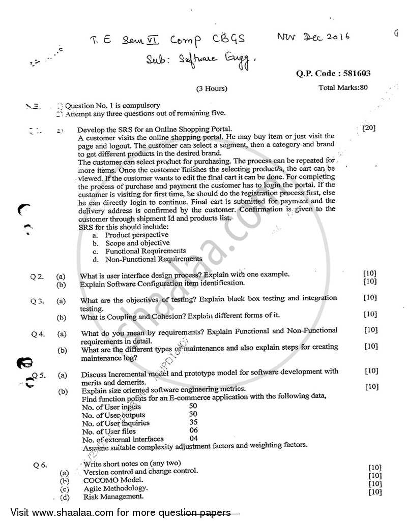 Software Engineering 2016-2017 - B.E. - Semester 6 (TE Third Year) - University of Mumbai question paper with PDF download