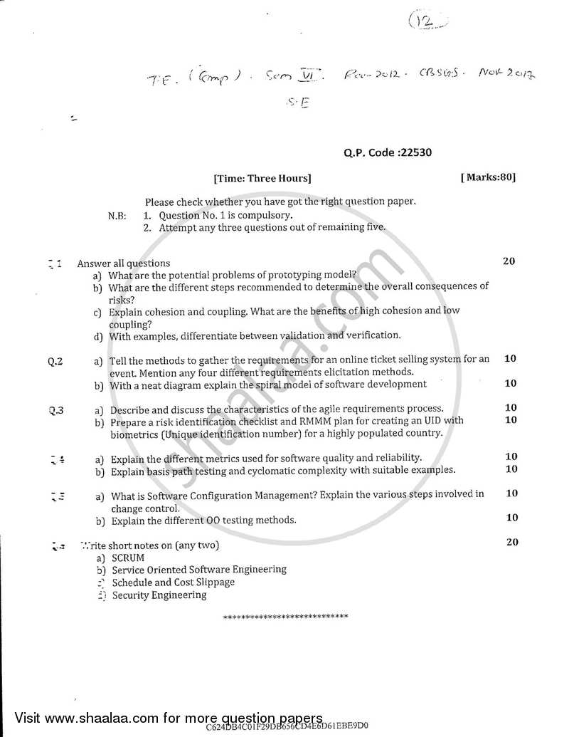 Software Engineering 2017-2018 - B.E. - Semester 6 (TE Third Year) - University of Mumbai question paper with PDF download