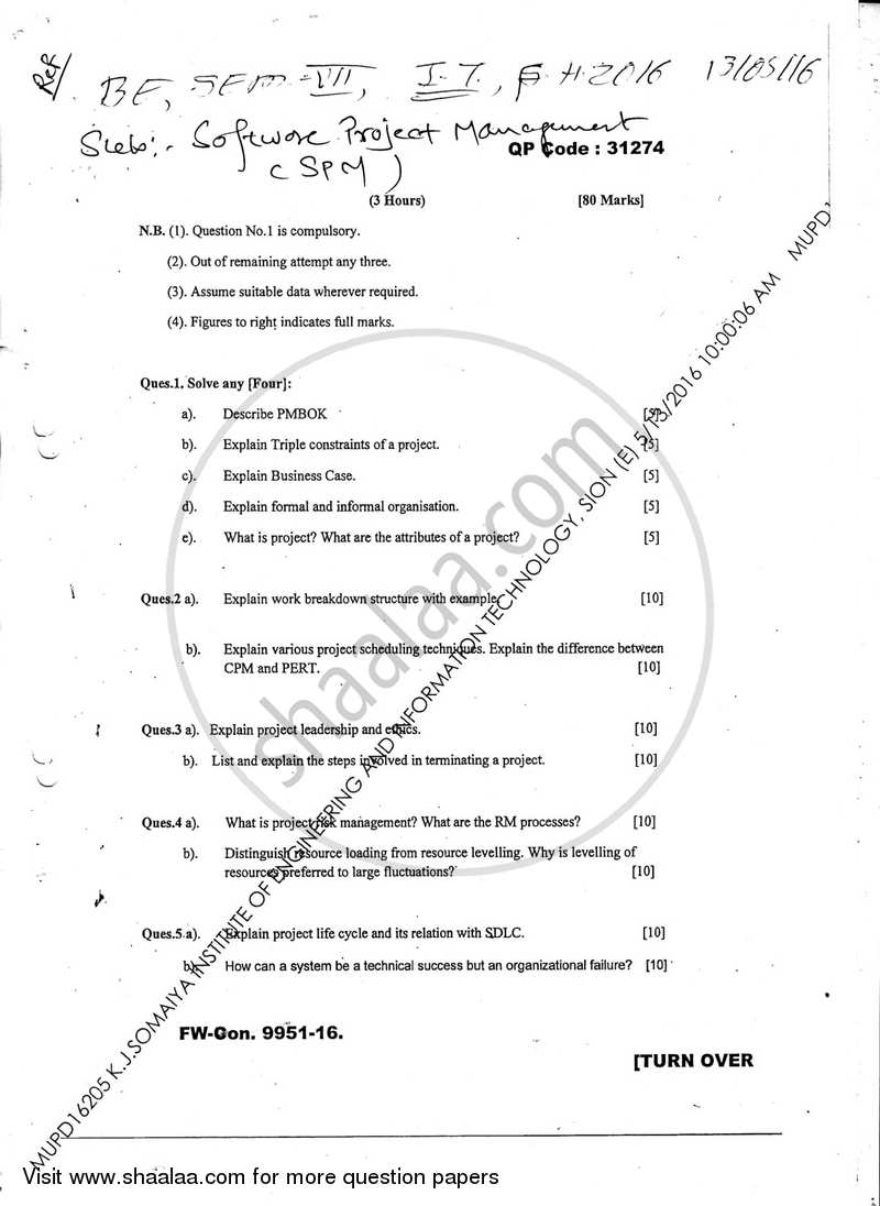 Software Project Management 2015-2016 - B.E. - Semester 7 (BE Fourth Year) - University of Mumbai question paper with PDF download