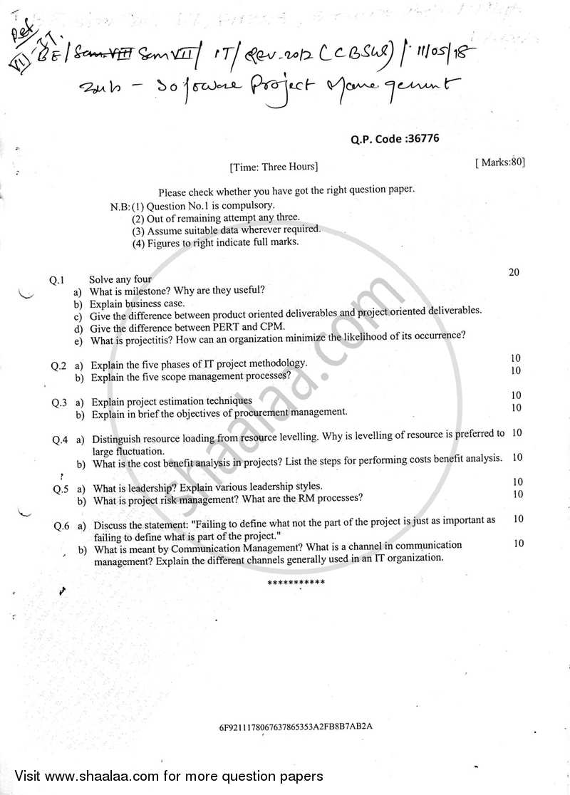 Software Project Management 2017-2018 - B.E. - Semester 7 (BE Fourth Year) - University of Mumbai question paper with PDF download