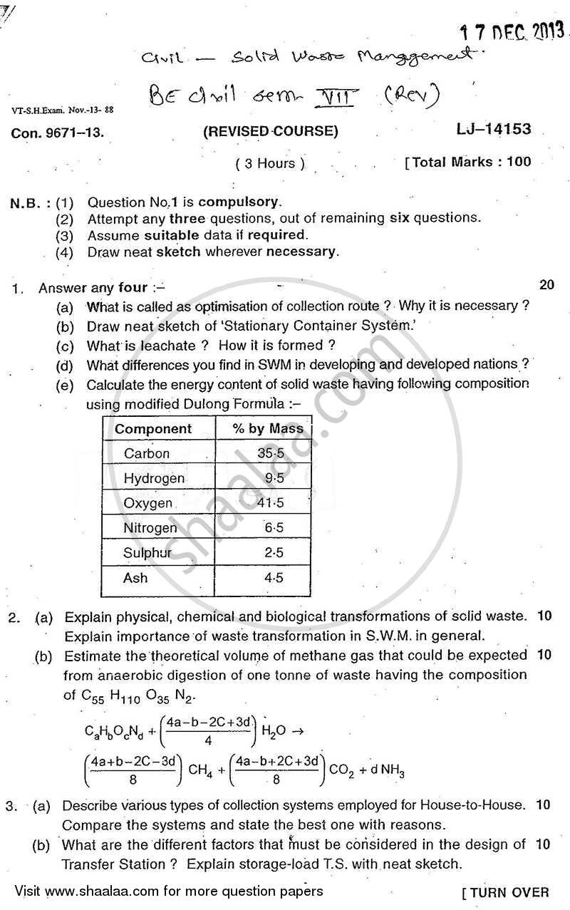 Solid Waste Management 2013-2014 - B.E. - Semester 7 (BE Fourth Year) - University of Mumbai question paper with PDF download