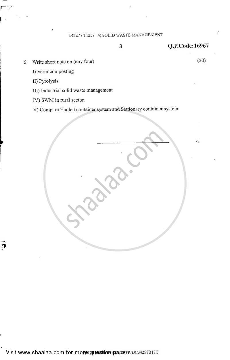 Solid Waste Management 2016-2017 - B.E. - Semester 7 (BE Fourth Year) - University of Mumbai question paper with PDF download