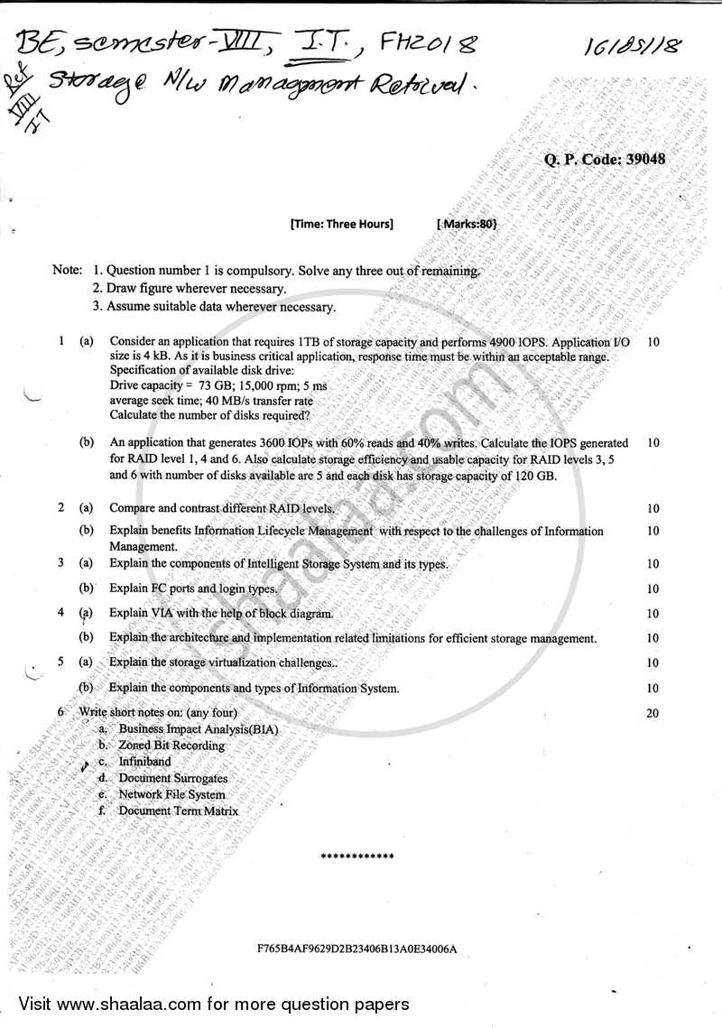 Storage Network Management and Retrieval 2017-2018 - B.E. - Semester 8 (BE Fourth Year) - University of Mumbai question paper with PDF download