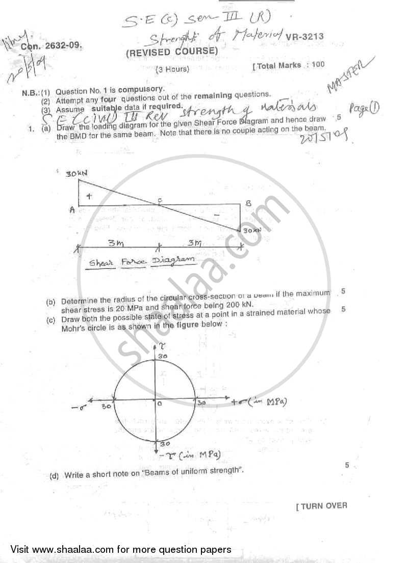 Strength of Materials 2008-2009 - B.E. - Semester 3 (SE Second Year) - University of Mumbai question paper with PDF download