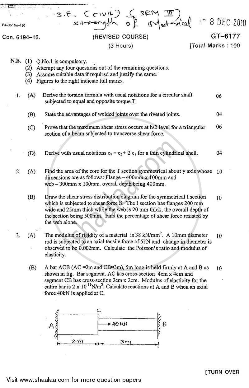 Strength of Materials 2010-2011 - B.E. - Semester 3 (SE Second Year) - University of Mumbai question paper with PDF download