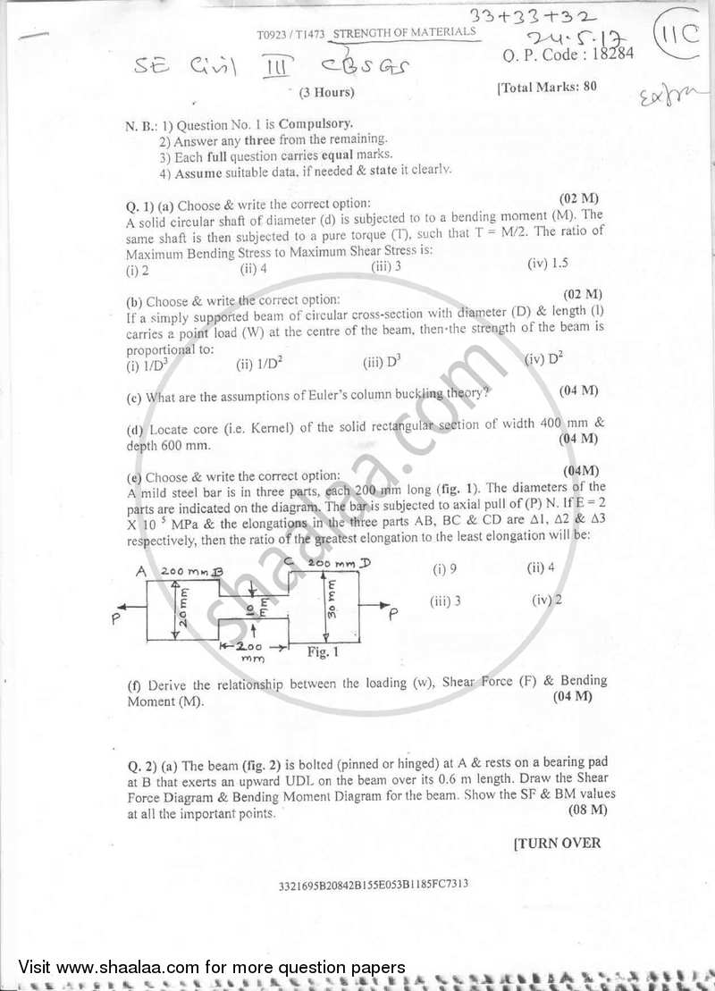 Strength of Materials 2016-2017 - B.E. - Semester 3 (SE Second Year) - University of Mumbai question paper with PDF download