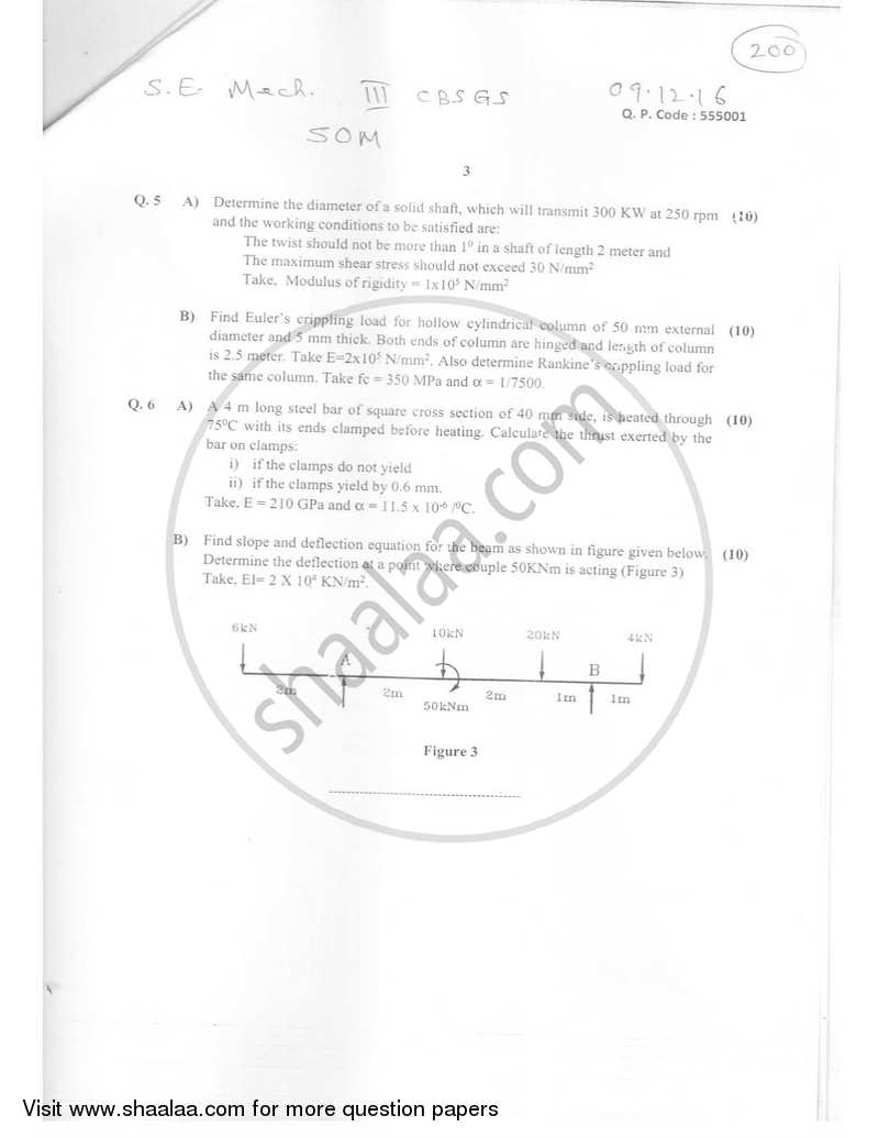 Strength of Materials 2016-2017 - B.E. - Semester 3 (SE Second Year) - University of Mumbai question paper with PDF download