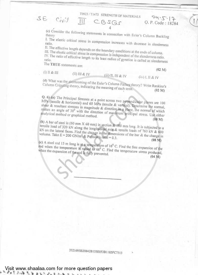 Strength of Materials 2016-2017 - B.E. - Semester 3 (SE Second Year) - University of Mumbai question paper with PDF download