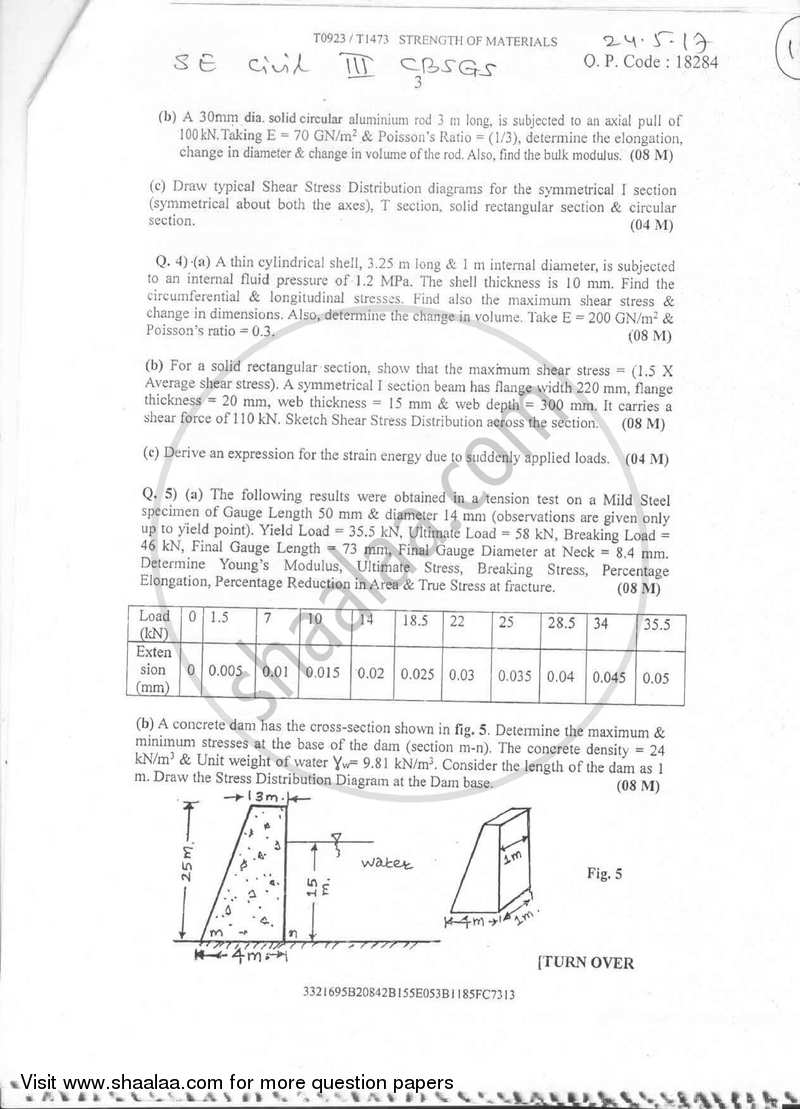 Strength of Materials 2016-2017 - B.E. - Semester 3 (SE Second Year) - University of Mumbai question paper with PDF download