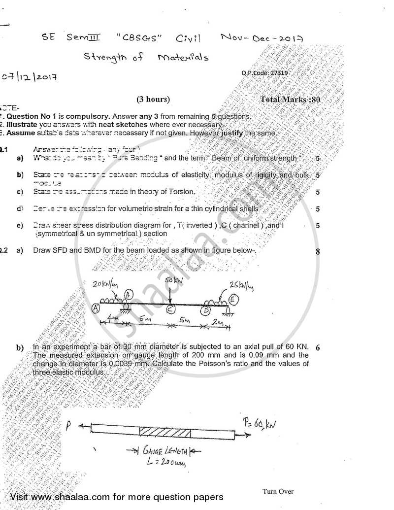 Strength of Materials 2017-2018 - B.E. - Semester 3 (SE Second Year) - University of Mumbai question paper with PDF download