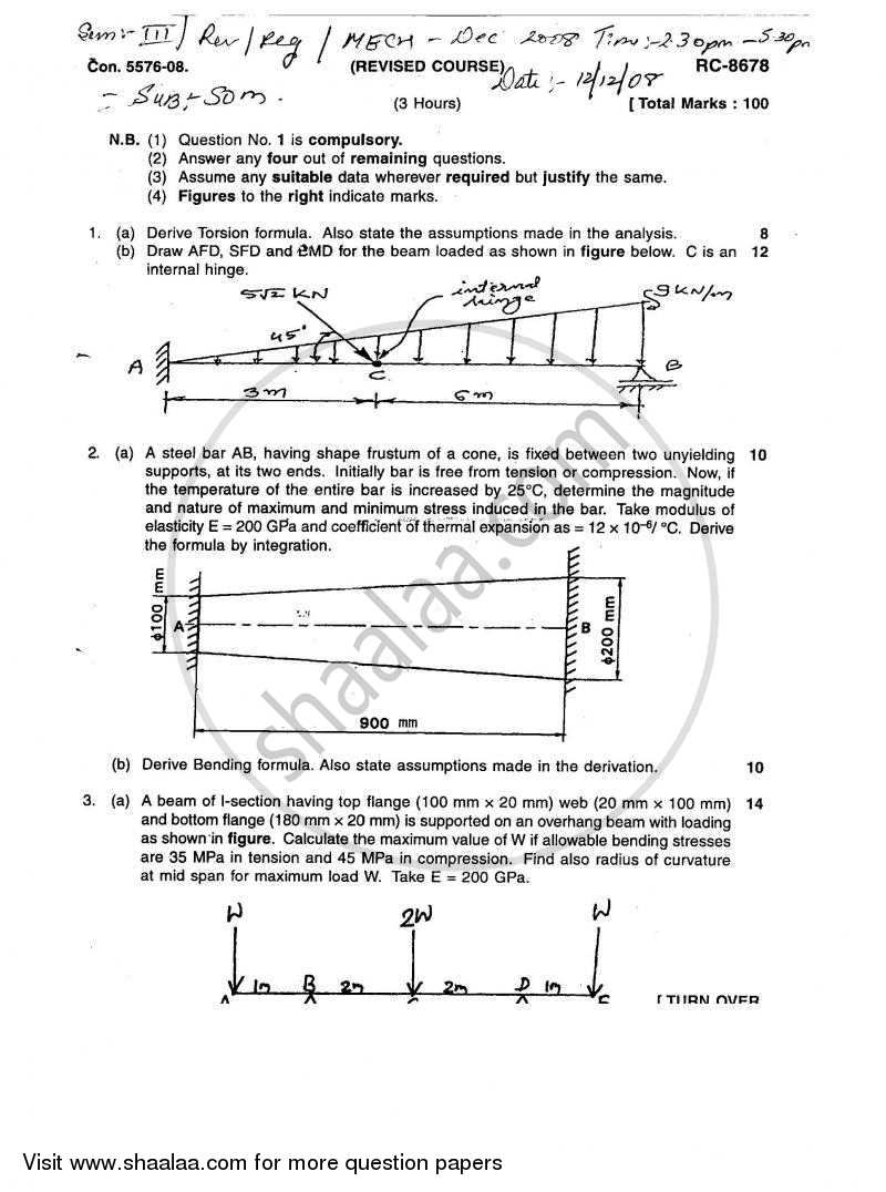Strength of Materials 2008-2009 - B.E. - Semester 3 (SE Second Year) - University of Mumbai question paper with PDF download
