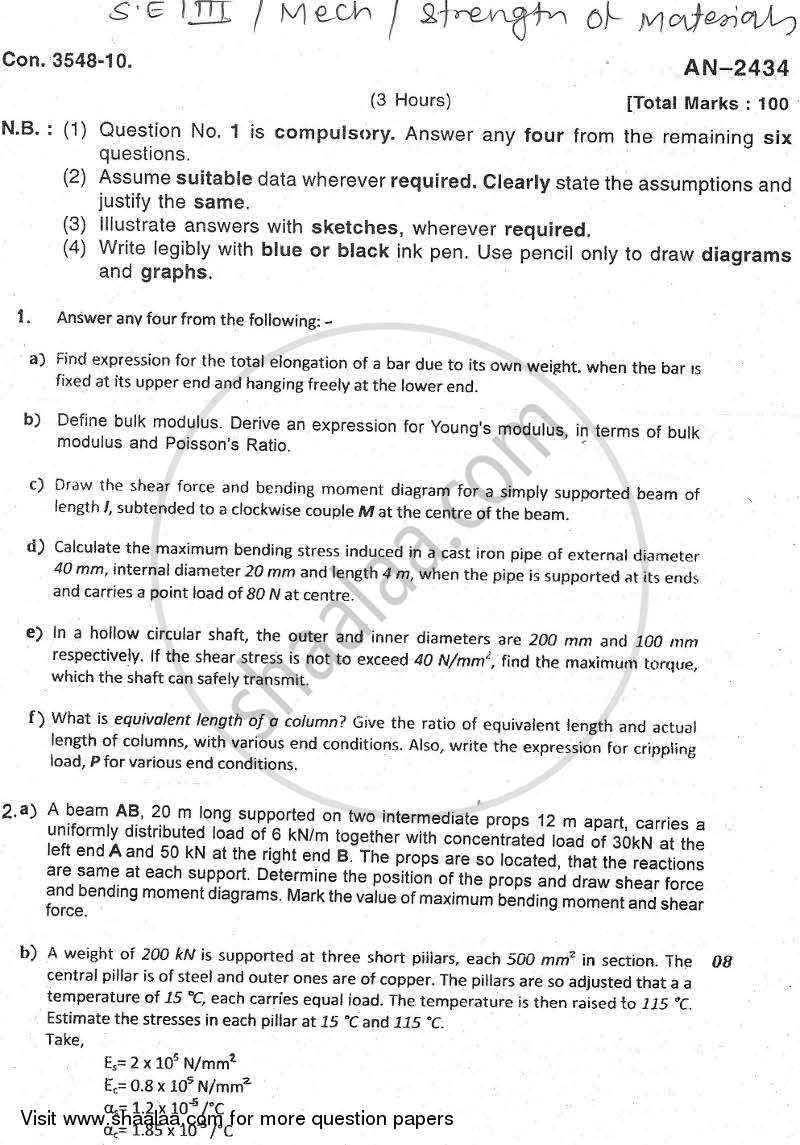 Strength of Materials 2009-2010 - B.E. - Semester 3 (SE Second Year) - University of Mumbai question paper with PDF download