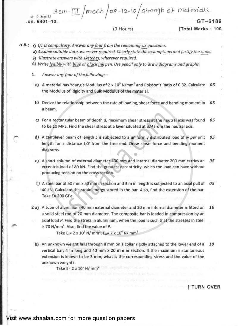 Strength of Materials 2010-2011 - B.E. - Semester 3 (SE Second Year) - University of Mumbai question paper with PDF download