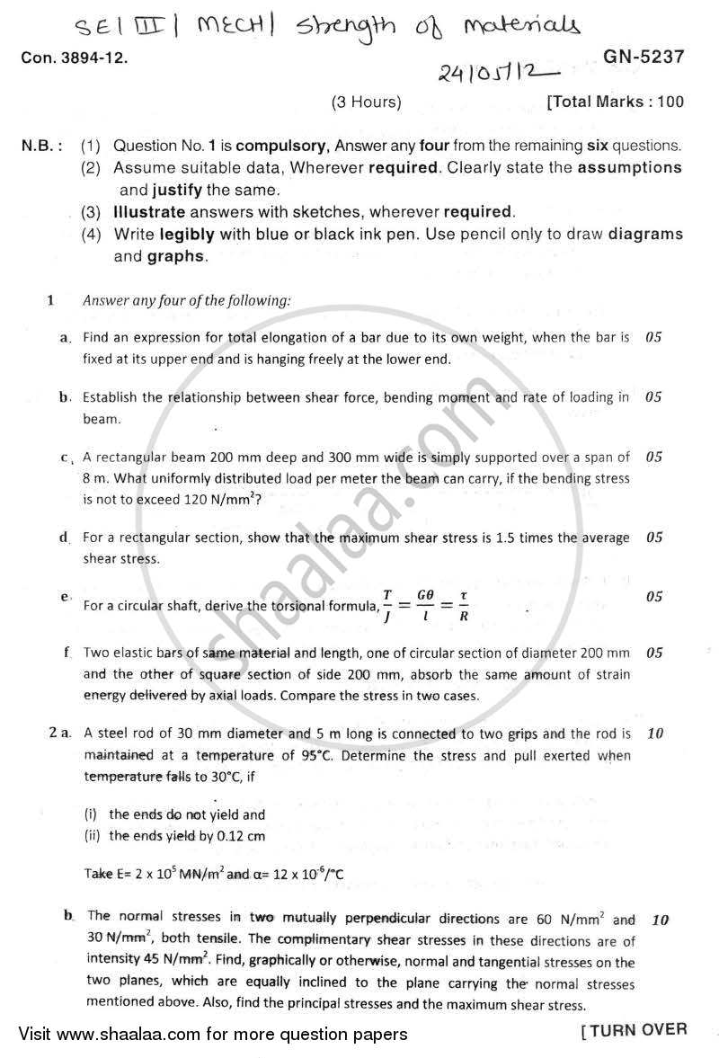 Strength of Materials 2011-2012 - B.E. - Semester 3 (SE Second Year) - University of Mumbai question paper with PDF download