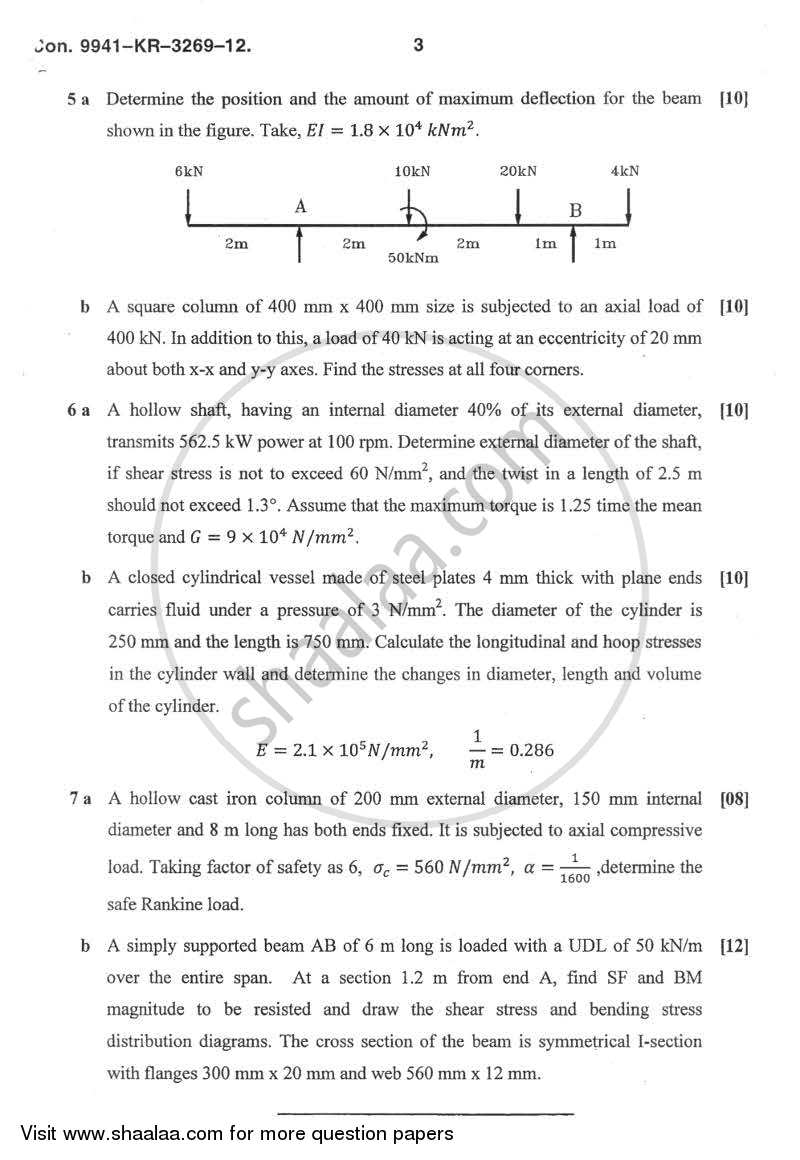 Strength of Materials 2012-2013 - B.E. - Semester 3 (SE Second Year) - University of Mumbai question paper with PDF download