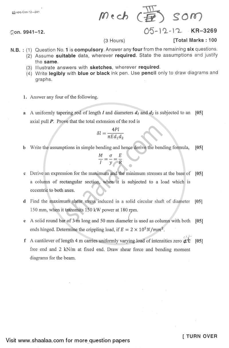 Strength of Materials 2012-2013 - B.E. - Semester 3 (SE Second Year) - University of Mumbai question paper with PDF download