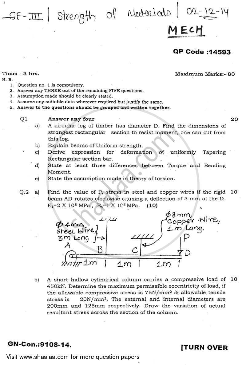 Strength of Materials 2014-2015 - B.E. - Semester 3 (SE Second Year) - University of Mumbai question paper with PDF download