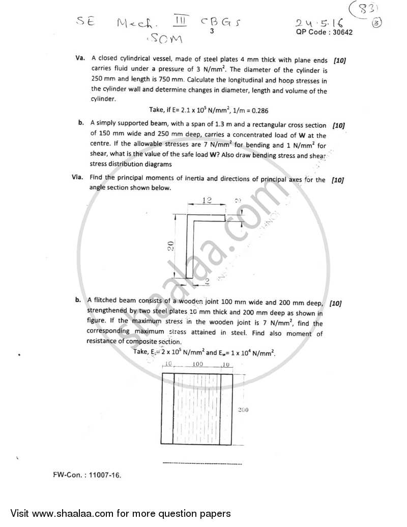 Strength of Materials 2015-2016 - B.E. - Semester 3 (SE Second Year) - University of Mumbai question paper with PDF download