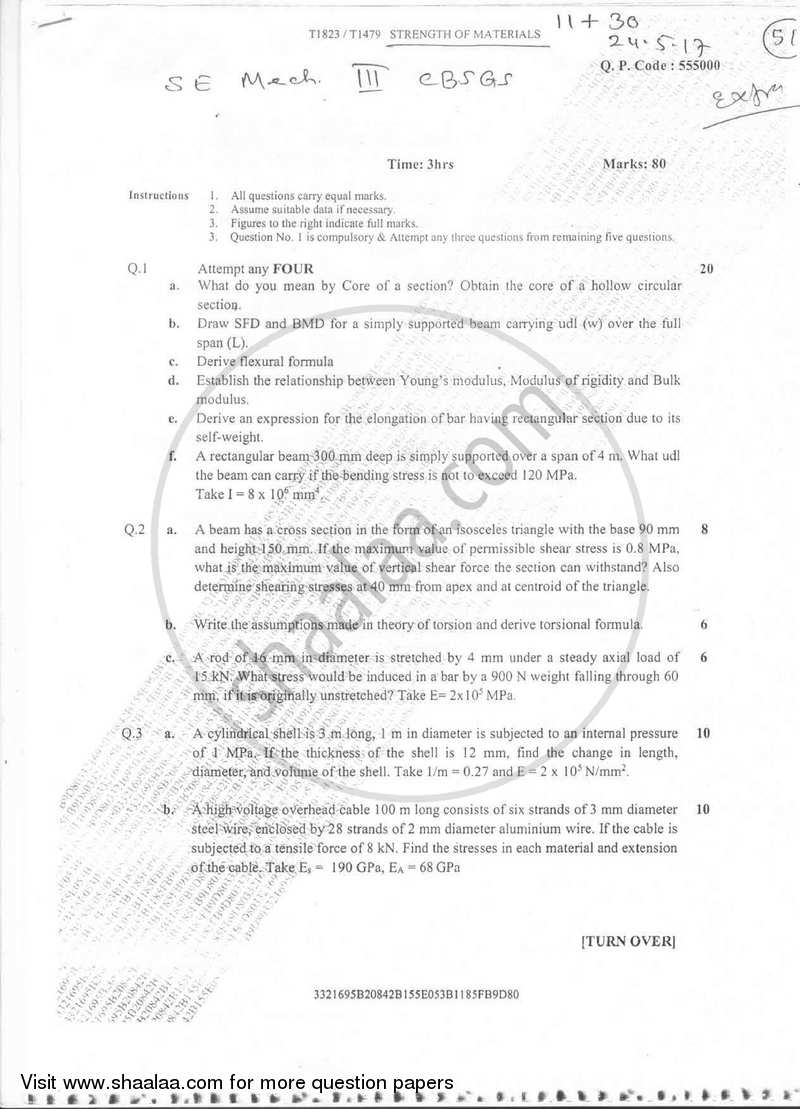 Strength of Materials 2016-2017 - B.E. - Semester 3 (SE Second Year) - University of Mumbai question paper with PDF download