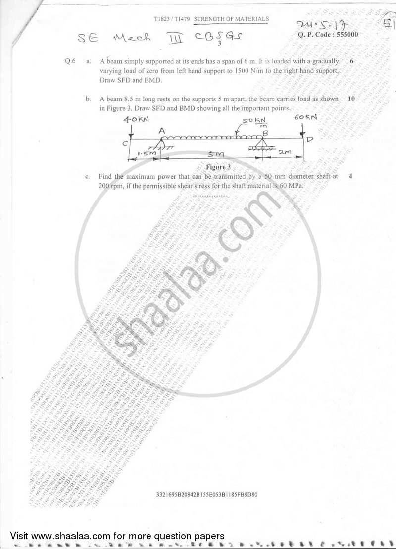 Strength of Materials 2016-2017 - B.E. - Semester 3 (SE Second Year) - University of Mumbai question paper with PDF download