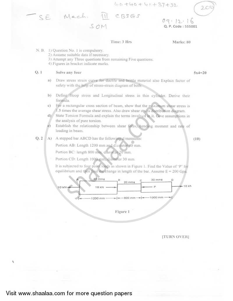 Strength of Materials 2016-2017 - B.E. - Semester 3 (SE Second Year) - University of Mumbai question paper with PDF download