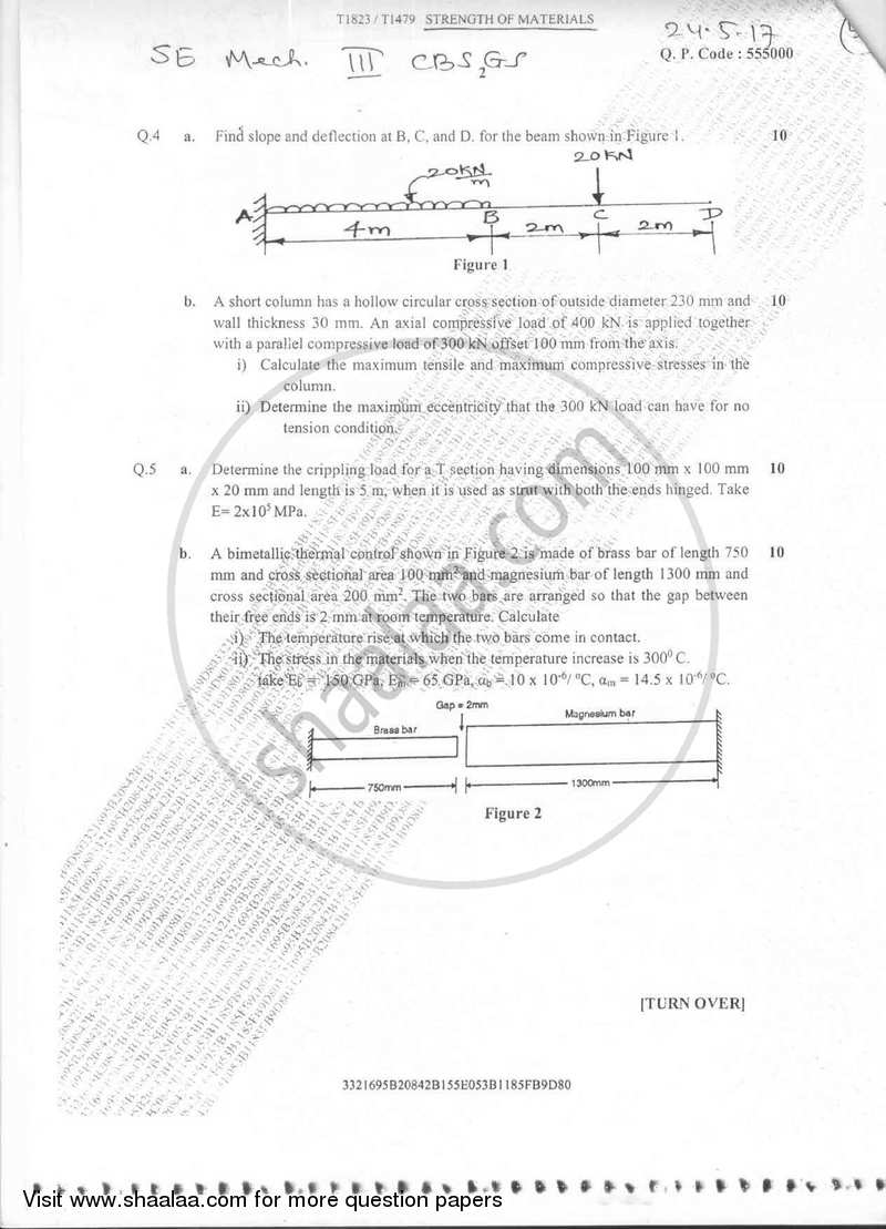 Strength of Materials 2016-2017 - B.E. - Semester 3 (SE Second Year) - University of Mumbai question paper with PDF download