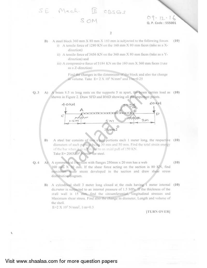 Strength of Materials 2016-2017 - B.E. - Semester 3 (SE Second Year) - University of Mumbai question paper with PDF download