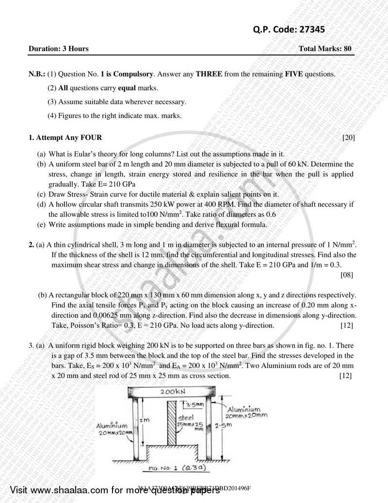 Strength of Materials 2017-2018 - B.E. - Semester 3 (SE Second Year) - University of Mumbai question paper with PDF download