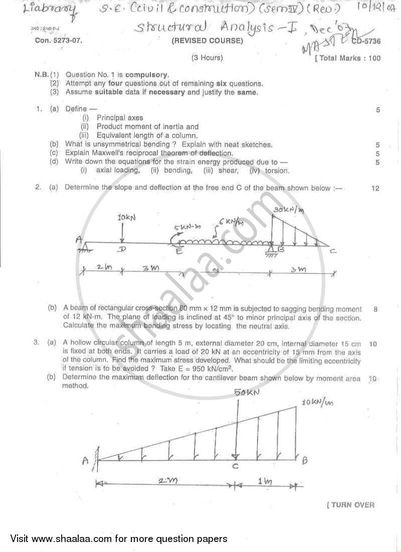 Structural Analysis 1 2007-2008 - B.E. - Semester 4 (SE Second Year) - University of Mumbai question paper with PDF download