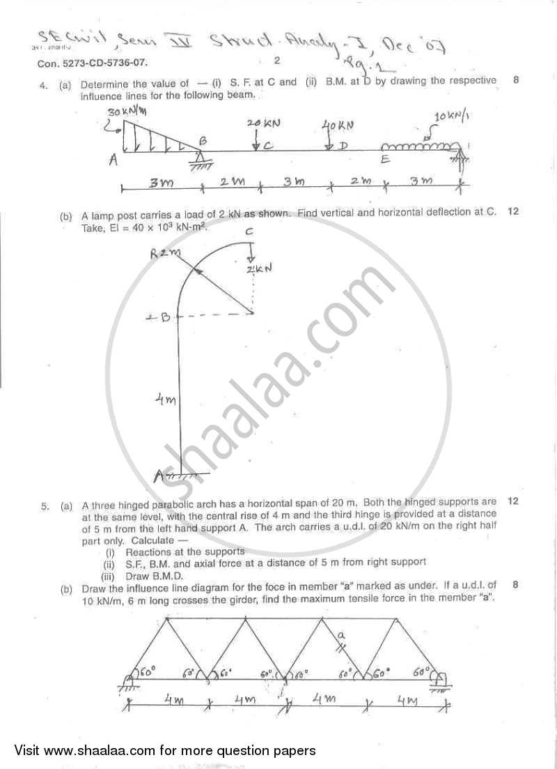 Structural Analysis 1 2007-2008 - B.E. - Semester 4 (SE Second Year) - University of Mumbai question paper with PDF download