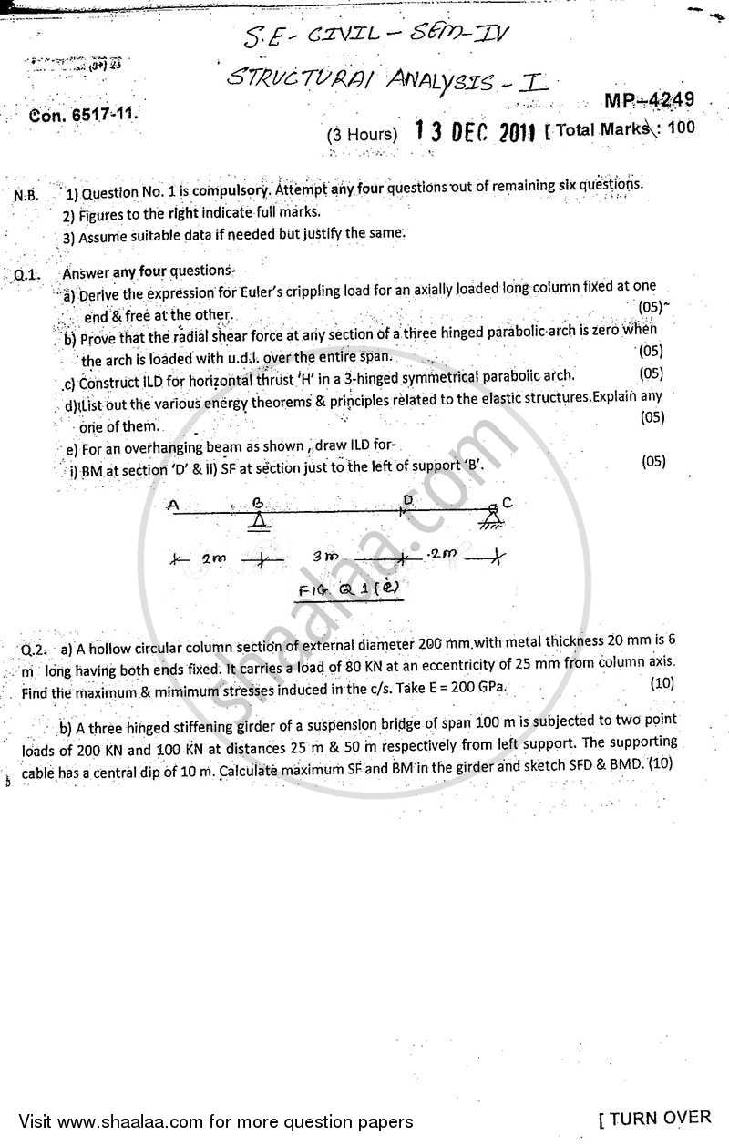 Structural Analysis 1 2011-2012 - B.E. - Semester 4 (SE Second Year) - University of Mumbai question paper with PDF download
