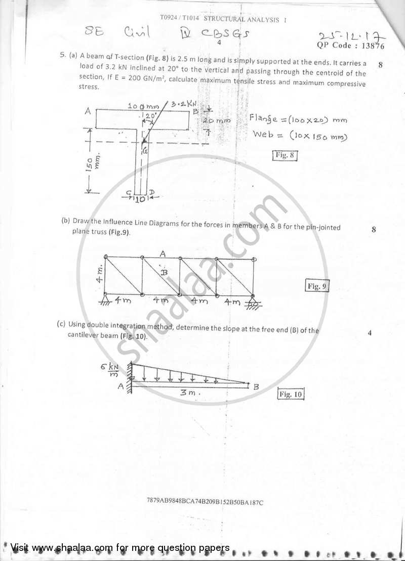 Structural Analysis 1 2016-2017 - B.E. - Semester 4 (SE Second Year) - University of Mumbai question paper with PDF download