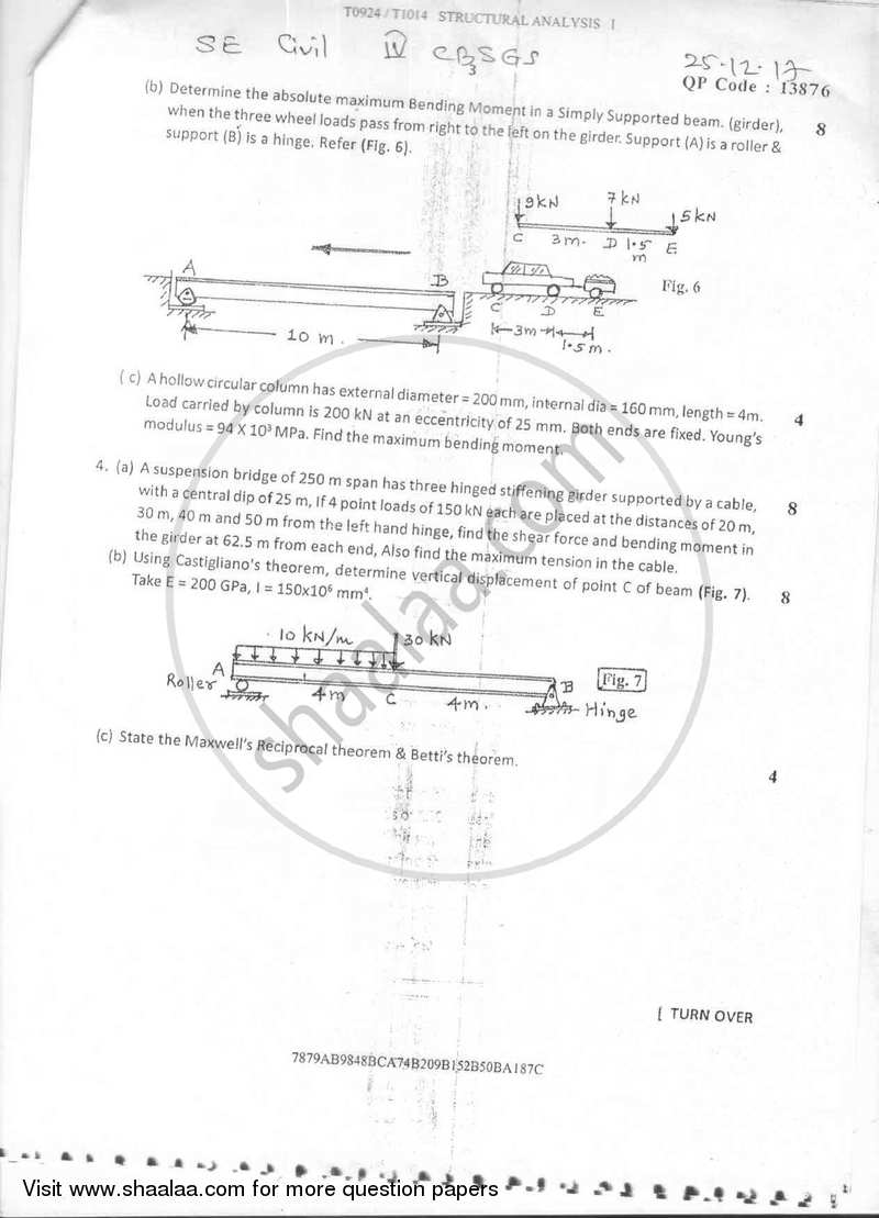 Structural Analysis 1 2016-2017 - B.E. - Semester 4 (SE Second Year) - University of Mumbai question paper with PDF download