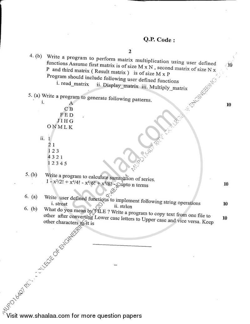 Structured Programming Approach 2015-2016 - B.E. - Semester 2 (FE First Year) - University of Mumbai question paper with PDF download