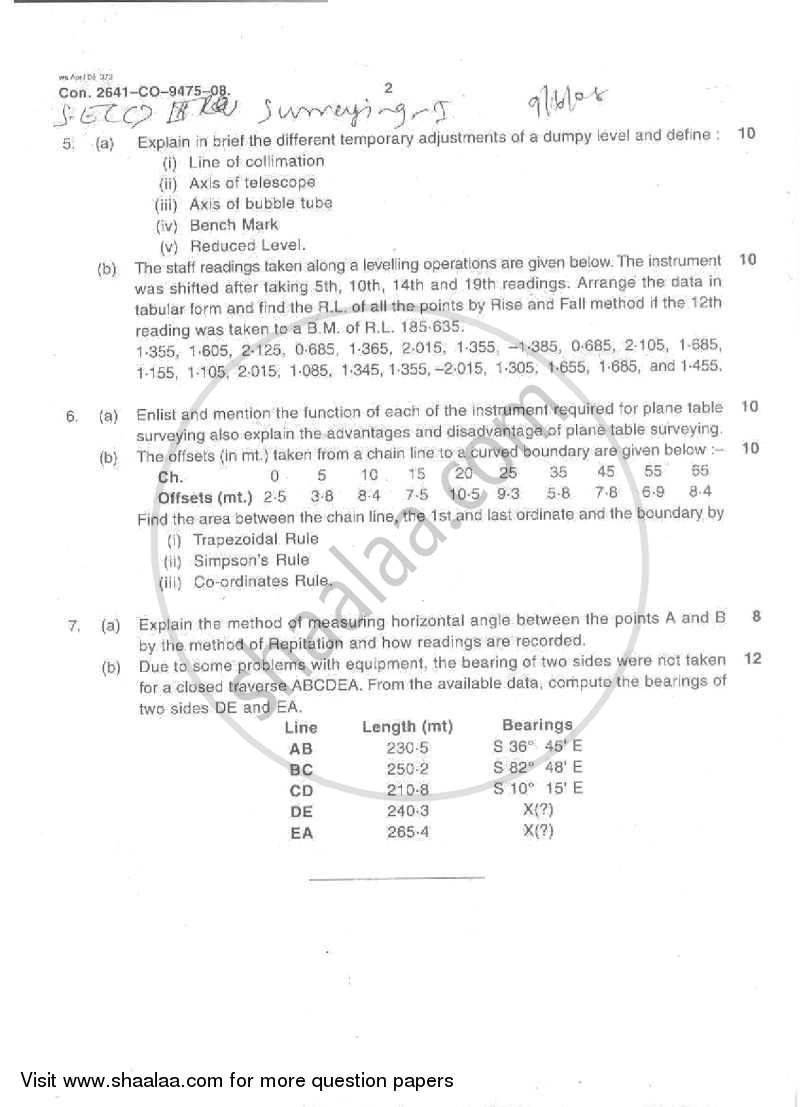 Surveying 1 2007-2008 - B.E. - Semester 3 (SE Second Year) - University of Mumbai question paper with PDF download