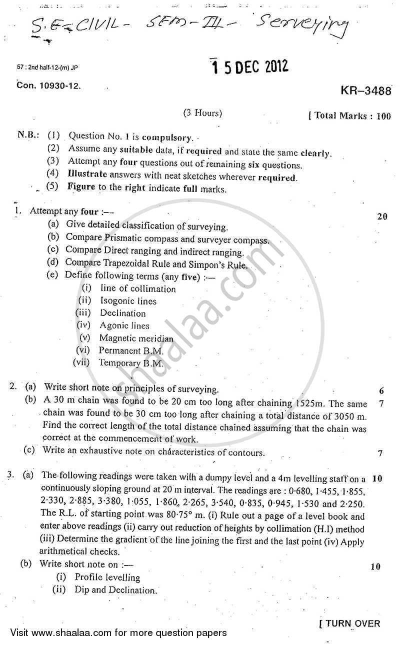 Surveying 1 2012-2013 - B.E. - Semester 3 (SE Second Year) - University of Mumbai question paper with PDF download