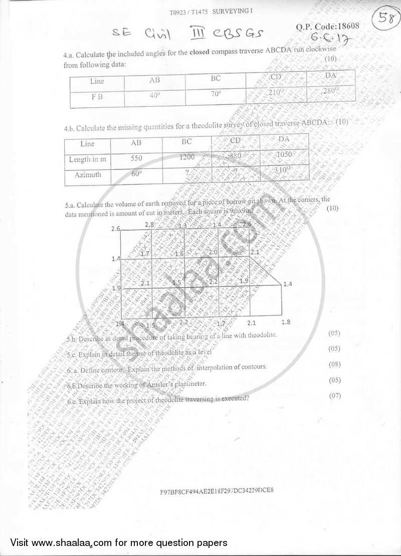 Surveying 1 2016-2017 - B.E. - Semester 3 (SE Second Year) - University of Mumbai question paper with PDF download