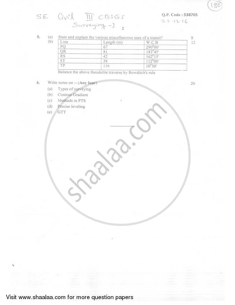 Surveying 1 2016-2017 - B.E. - Semester 3 (SE Second Year) - University of Mumbai question paper with PDF download