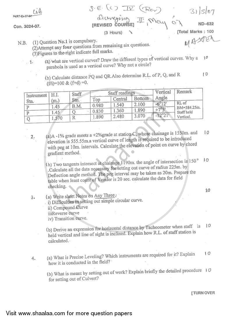 Surveying 2 2006-2007 - B.E. - Semester 4 (SE Second Year) - University of Mumbai question paper with PDF download