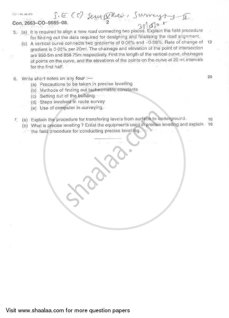 Surveying 2 2007-2008 - B.E. - Semester 4 (SE Second Year) - University of Mumbai question paper with PDF download