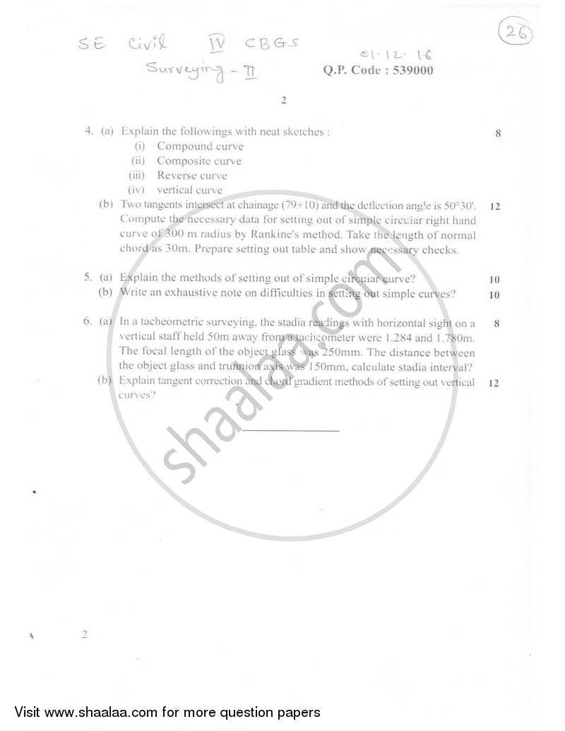 Surveying 2 2016-2017 - B.E. - Semester 4 (SE Second Year) - University of Mumbai question paper with PDF download