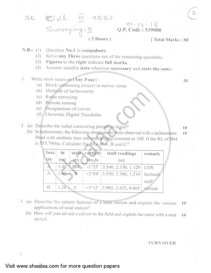 Surveying 2 2016-2017 - B.E. - Semester 4 (SE Second Year) - University of Mumbai question paper with PDF download