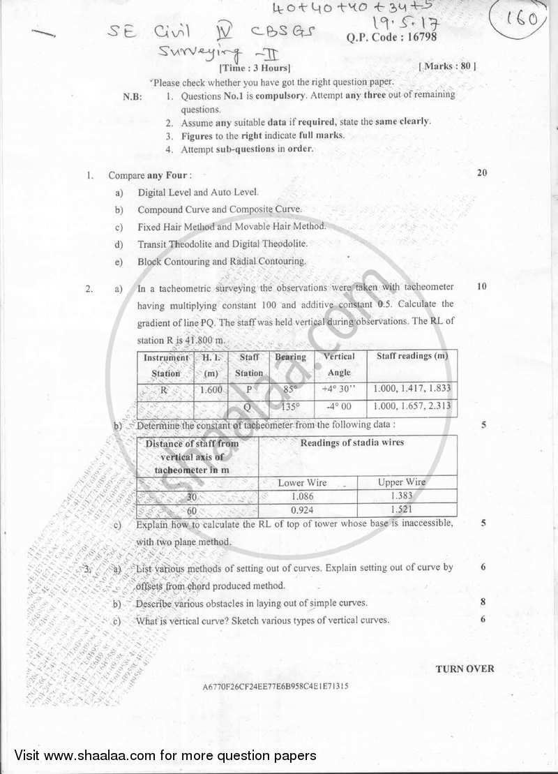 Surveying 2 2016-2017 - B.E. - Semester 4 (SE Second Year) - University of Mumbai question paper with PDF download