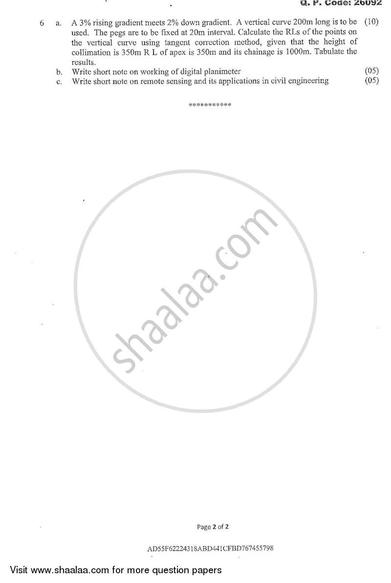 Surveying 2 2017-2018 - B.E. - Semester 4 (SE Second Year) - University of Mumbai question paper with PDF download