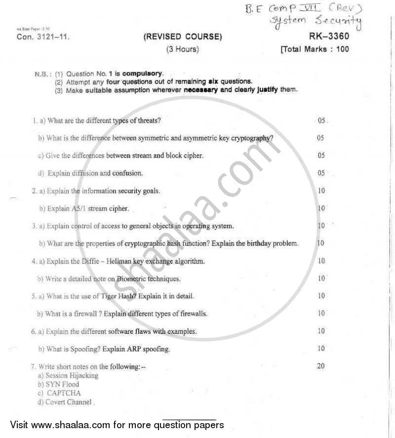 System Security 2010-2011 - B.E. - Semester 7 (BE Fourth Year) - University of Mumbai question paper with PDF download