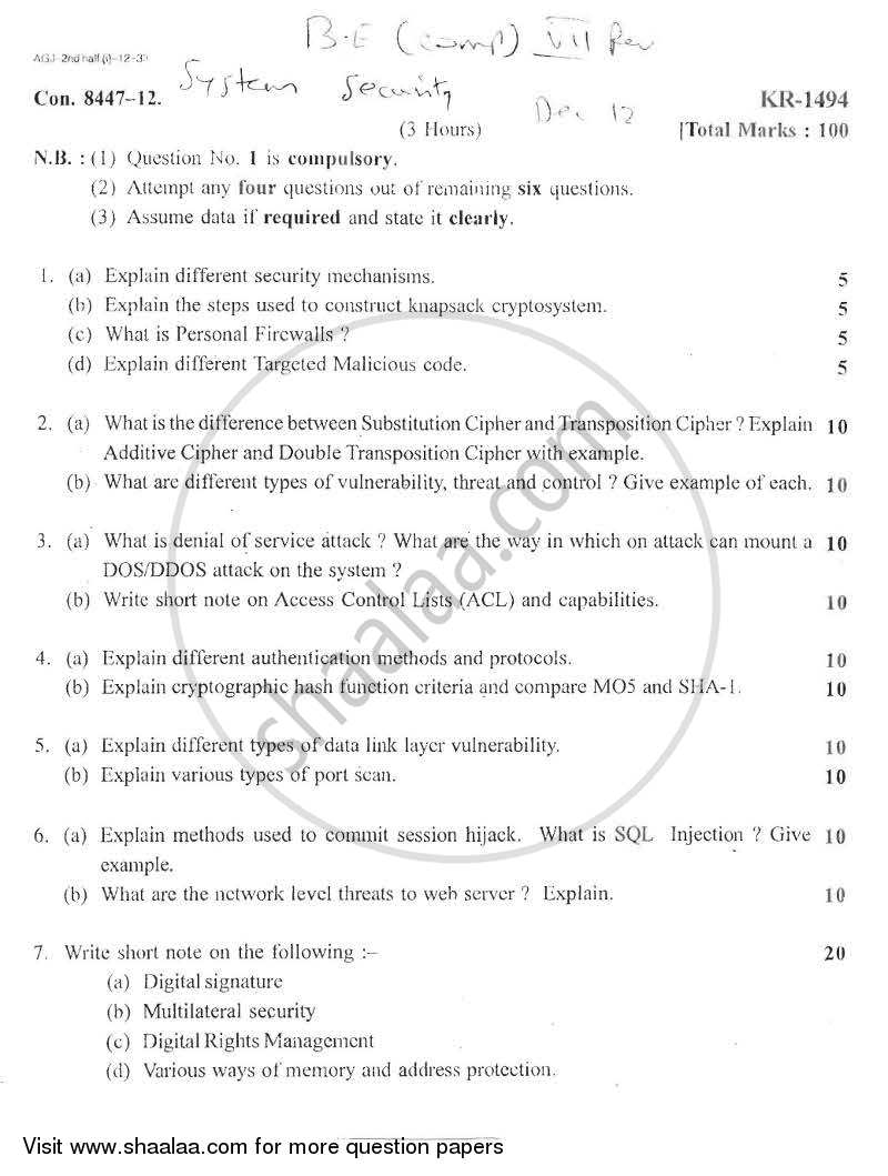 System Security 2012-2013 - B.E. - Semester 7 (BE Fourth Year) - University of Mumbai question paper with PDF download