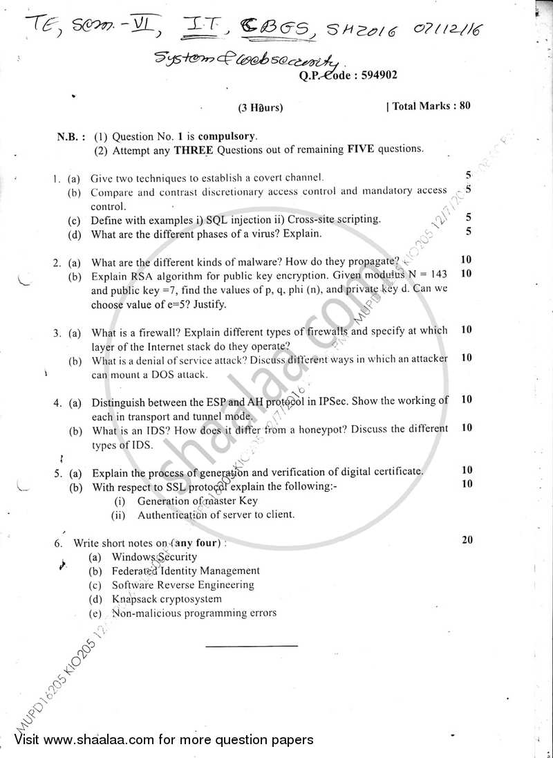 System and Web Security 2016-2017 - B.E. - Semester 6 (TE Third Year) - University of Mumbai question paper with PDF download