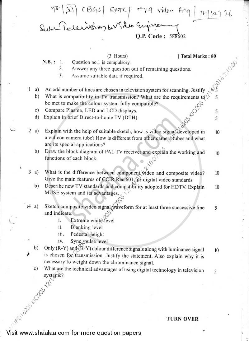 Television Engineering 2016-2017 - B.E. - Semester 6 (TE Third Year) - University of Mumbai question paper with PDF download